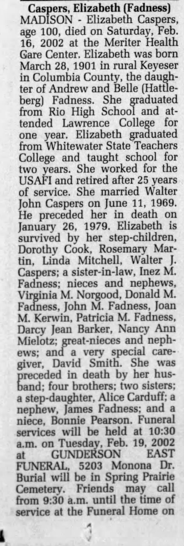 Obituary for Elizabeth Caspers, 1901-2002 (Aged 100)